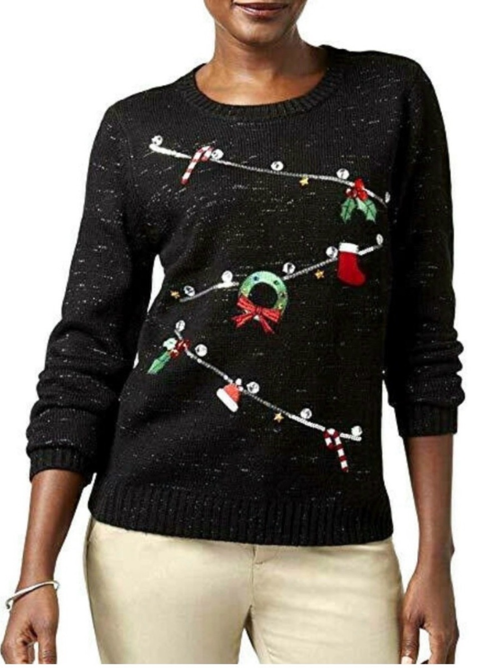 Karen Scott Black Sparkle Christmas Sweater Sequins Wreath Stocking Candy Cane M